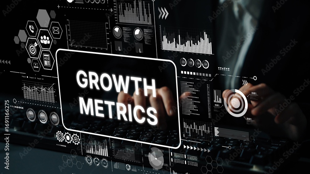 Poster business analysis growth metrics data visualization with graphs charts on computer screen. asymptoti