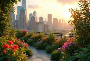 Fototapeta premium lush green rooftop gardens creating urban oasis surrounded stunning city skyline scenic view, greenery, landscape, nature, plant, scenery, terrace, flowers