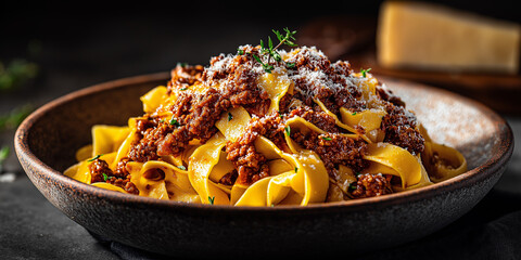 Authentic Tagliatelle al Ragu Bolognese, fresh homemade tagliatelle pasta with rich slow-cooked meat sauce, sprinkled with Parmigiano Reggiano, served in rustic ceramic bowl