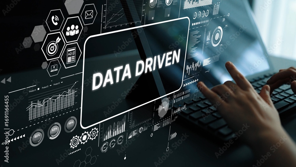 Poster hands typing on keyboard with data driven digital interface and graphical elements for business insi
