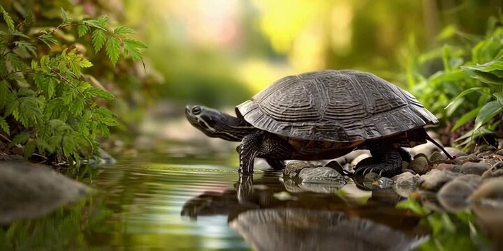 A hard-shell turtle is exploring his natural habitat