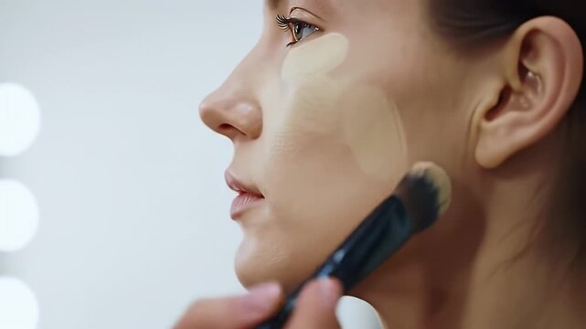 Close Up Applying Foundation With Brush on Woman Face With White Background
