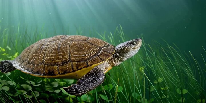 A hard-shell turtle is exploring his natural habitat