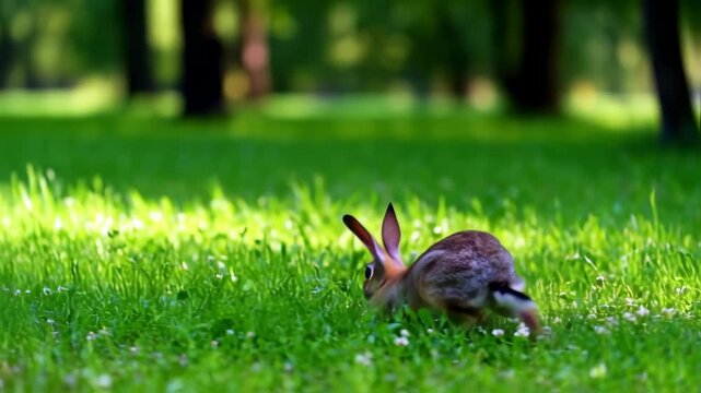 Agile Rabbit Leaps Through Lush Green Meadow in Dynamic Motion