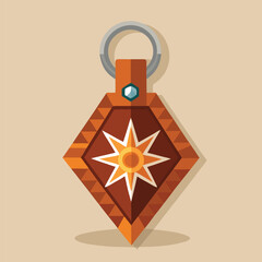 Geometric illustration of a decorative pendant with a stylized sunburst design and a metal keyring on a neutral background