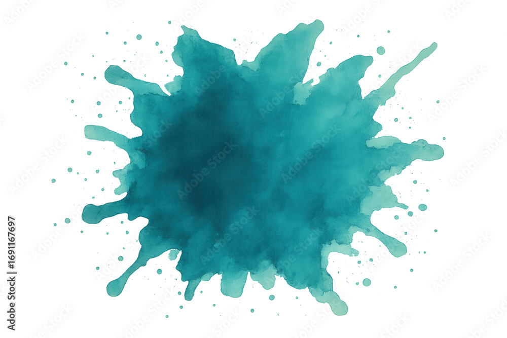 Poster turquoise watercolor splashing, creating a vibrant and textured effect, isolated on a transparent ba