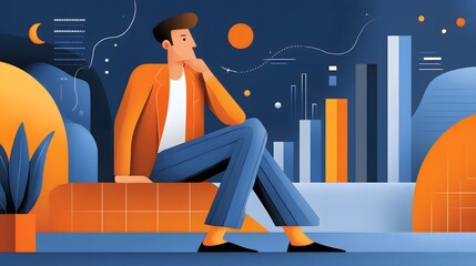Contemporary Man Sitting Thoughtfully on a Couch in a Modern Urban Setting with Analytics Graphics