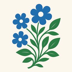 Vibrant blue flowers with green leaves arranged in a lively floral design