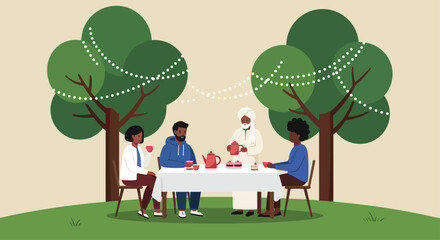 A group of friends are enjoying a tea party in a garden with trees and string lights, creating a warm and inviting atmosphere for socializing