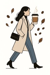 Woman walking with coffee cup among falling leaves in autumn setting