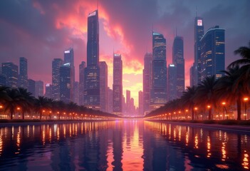Fototapeta premium vibrant city skyline twilight reflection radiating colorful light majestic water mirror dynamic atmosphere, landscape, urban, dusk, building, architecture