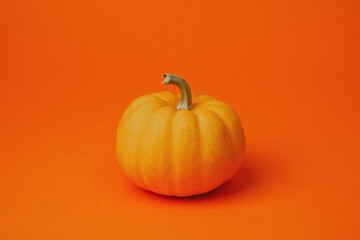 Single bright orange pumpkin centered on a plain orange background with shadow