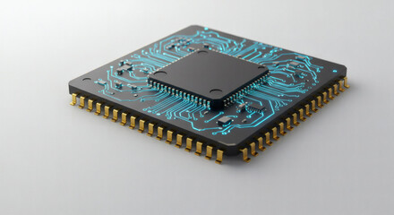 An advanced computer processor or microchip with glowing blue digital circuits, representing the core of modern technology and innovation