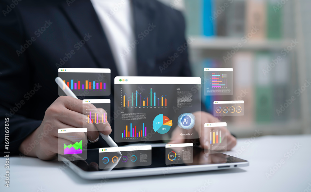 Poster businessman using tablet with ai analytics dashboard and holographic charts representing financial r