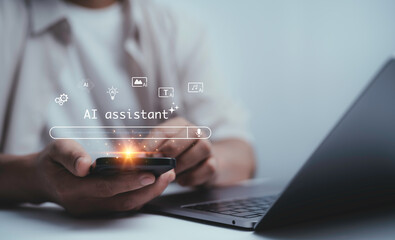Person using smartphone with AI assistant search bar and glowing digital interface representing artificial intelligence technology virtual assistant innovation and modern communication support