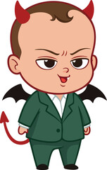 Obraz premium Cartoon devil baby in green suit with horns wings and tail vector illustration character design 