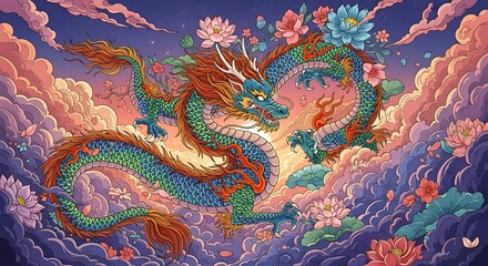 Majestic Dragons in Floral Paradise.