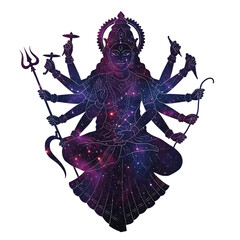 Cosmic goddess with multiple arms holding weapons on black background