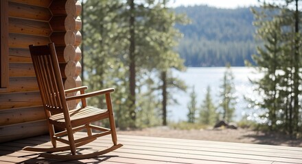 Cozy wooden rocking chair on a rustic cabin porch overlooking a serene lake and pine forest