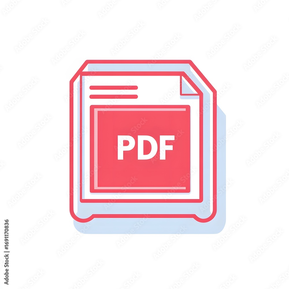 Poster stylized red pdf file icon with blue shadow and layered outline.