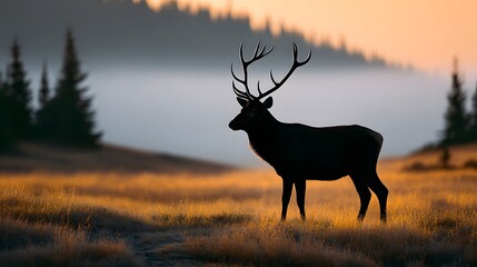 Fototapeta premium Silhouette of a Majestic Deer Standing in Golden Grass at Sunset with Mist in the Background