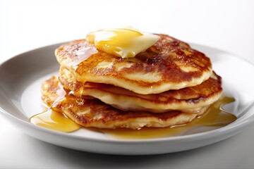 Stack of fluffy pancakes with butter and dripping syrup on white plate