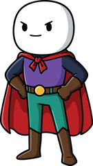Fototapeta premium Confident superhero character with red cape and purple shirt standing hands on hips cartoon vector illustration 
