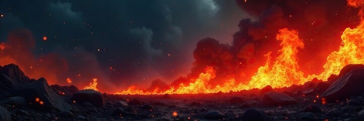 Fiery inferno raging against a dark night sky, embers floating, intense heat and dramatic flames  Perfect for illustrating danger, destruction, or apocalypse themes ,  energy,  powerful