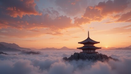 Serene Sunset Over a Historic Pagoda Surrounded by Clouds and Mountains in Tranquil Landscape