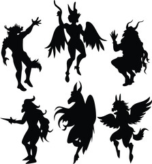 Silhouette Specters A Collection of Mythical Creatures Unveiled in Darkness Winged Beasts and Horned Humanoids Dance in Shadowy Existence