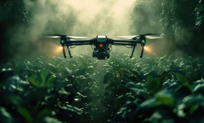 Fototapeta premium Drone Flying over Green Plants Field Agriculture Technology Dark Background and Soft Lighting