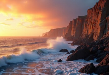 stunning golden light illuminating rugged seaside cliffs sunset coastal beauty ocean views, nature, landscape, evening, shoreline, pansy, panorama, horizon, reflection