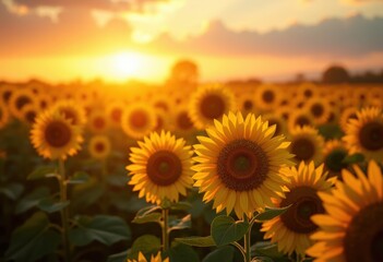 Fototapeta premium stunning majestic sunrise over expansive sunflower field discover vibrant beauty golden petals, nature, landscape, flora, horizon, glow, morning, dawn