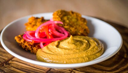 Plate of food with golden crispy patties, vibrant pink onions, and a creamy mustard sauce