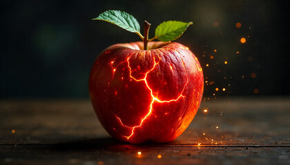 Apple shaped like planet Earth, but the surface is made of glowing magma, fiery cracks, and molten textures.