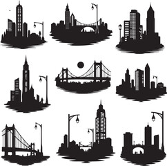 Silhouetted Cityscapes A Collection of Urban Panoramas Featuring Bridges and Iconic Skylines Under the Evening Sky