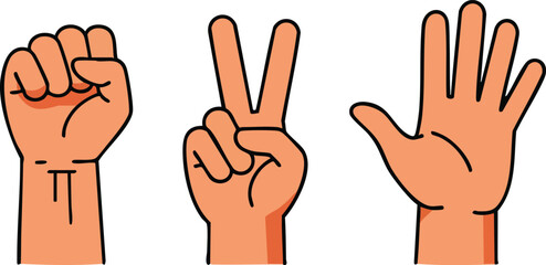 Obraz premium Hand gestures showing fist peace and open palm in simple cartoon style for communication and expression vector illustration 