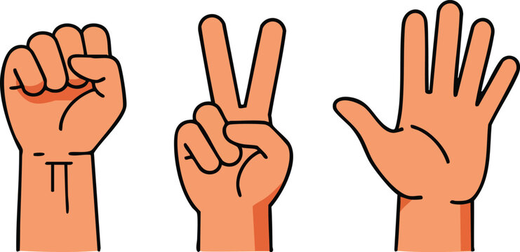 Hand gestures showing fist peace and open palm in simple cartoon style for communication and expression vector illustration 