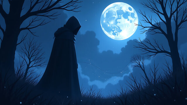 shadowy figure emerges background rendered dark blues purples soft ethereal moonlight bold