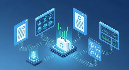 Digital healthcare technology system with secure data transfer and patient information management, Isometric illustration.