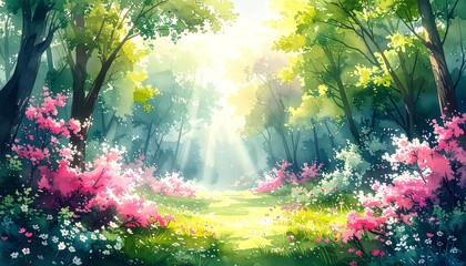 A beautiful watercolor landscape of a vibrant, sunlit forest path with glowing sunbeams filtering through the trees, surrounded by a field of pink flowers and lush greenery