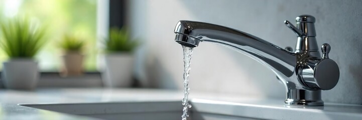 Close-up view of a modern kitchen sink faucet, gleaming chrome finish, water droplets clinging to the spout, clean and minimalist design ,  shiny,  texture,  household