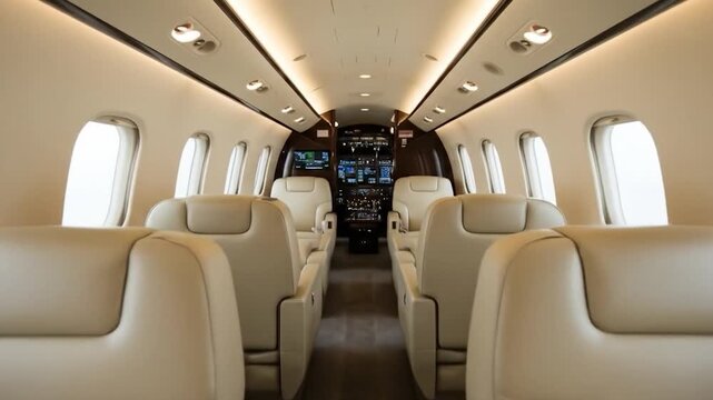 Interior view of private jet cabin with leather seats and modern design