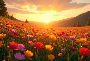 vibrant wildflower fields bathed golden sunset sky lush blooming nature scenic landscape colorful petals, blossom, flora, meadow, green, scenery, open, dramatic