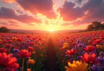 Fototapeta premium vibrant wildflower fields under dramatic sky color explosion nature landscape colorful blossom bloom atmosphere, scenic, vibrancy, countryside, meadow, petal, sunset