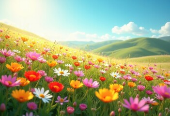 Fototapeta premium vibrant wildflower meadow under azure sky lush landscape colorful flora serenity tranquil nature vibrancy, bloom, petal, grass, scenery, spring, yellow, purple