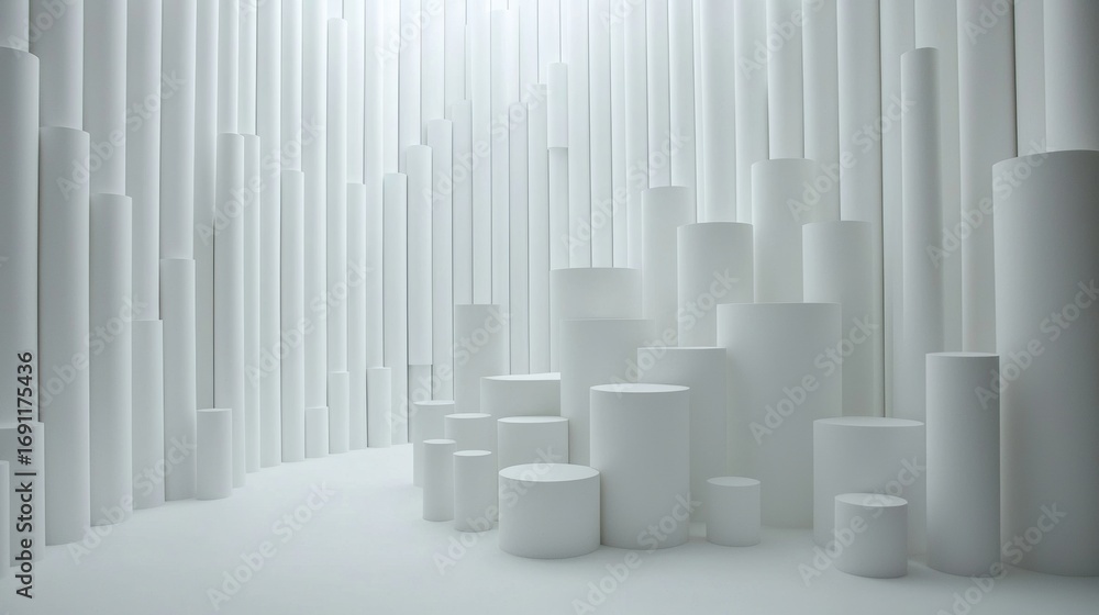 Poster A 3D rendering of a white room with a series of columns and cylinders.