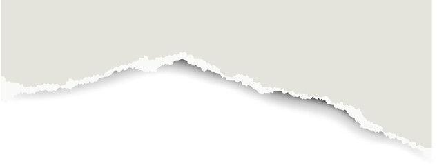 Torn sheet of paper. Jagged stripe with vintage texture on gray background for banners and text blocks. Fragments of notebook pages for collages with rough edges and realistic shadows.