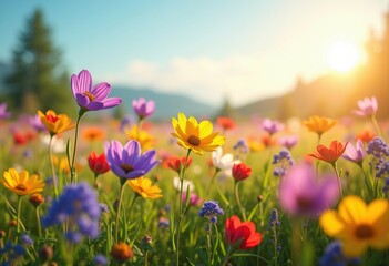 Obraz premium vibrant wildflowers blooming sunlit meadows nature beauty colorful fields flora garden, sunlight, floral, grass, scenery, landscape, vibrance, petal, pollen