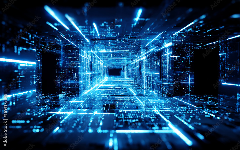 Poster futuristic digital tunnel with glowing blue lights and circuit patterns